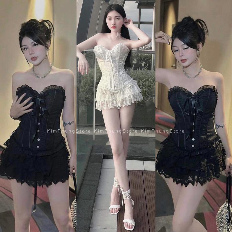 SÉT ÁO QUÂY NƠ VIỀN BÈO NÚT CƯỜM+CHÂN VÁY REN TẦNG(bo thun khóa kéo sau)