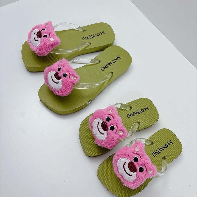 [Đủ cỡ Lớn & Bé]Dép Gấu Dễ Thương cặp, kẹp xỏ ngón gấu dâu Sandal dép  da Kem