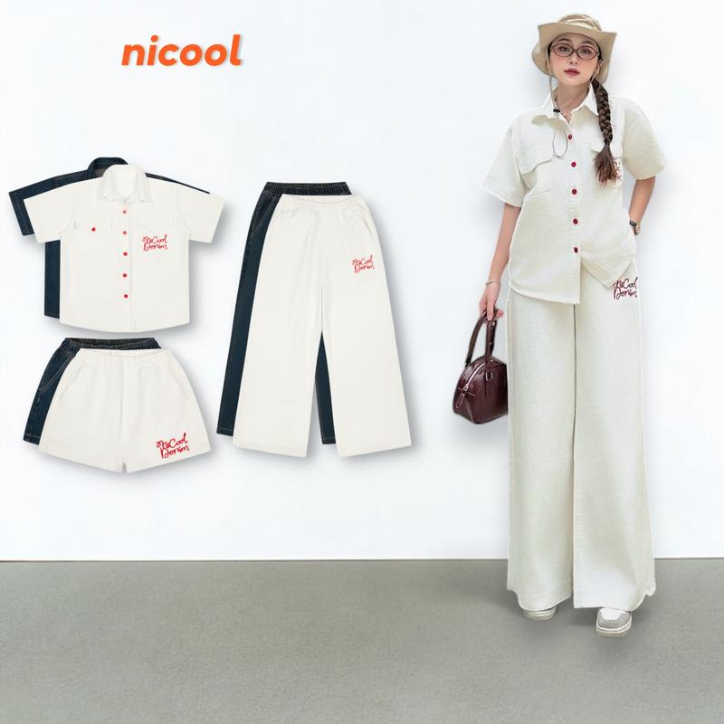 Set Jean Unisex Nam Nữ NICOOL Thêu Chữ Nổi, Set Áo Sơ Mi, Quần Short, Quần Dài Cạp Chun N41-P1