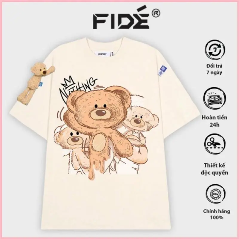 JEDIFSHOP Áo thun FIDE TEEDY phông cotton unisex nam nữ form rộng cổ tròn áo đính gấu - AT32(TẶNG KÈM GẤU)