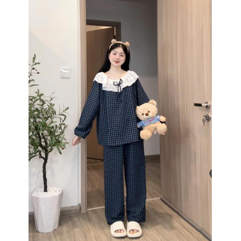 XẢ KHO NGHỈ BÁN (KÈM CHARMS) Bộ đồ ngủ nữ đũi xốp cotton họa tiết viền ren dáng dài form rộng 12 màu pastel Kozoda BN14- Women, Kem