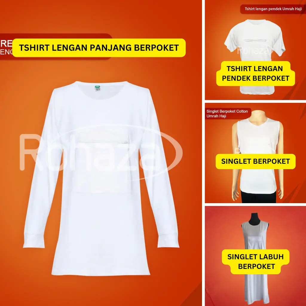 Singlet Umrah Wanita Baju Dalam Haji ihram Tshirt Pagoda Perempuan Poket Berzip Lengan Panjang Putih Women Dewasa
