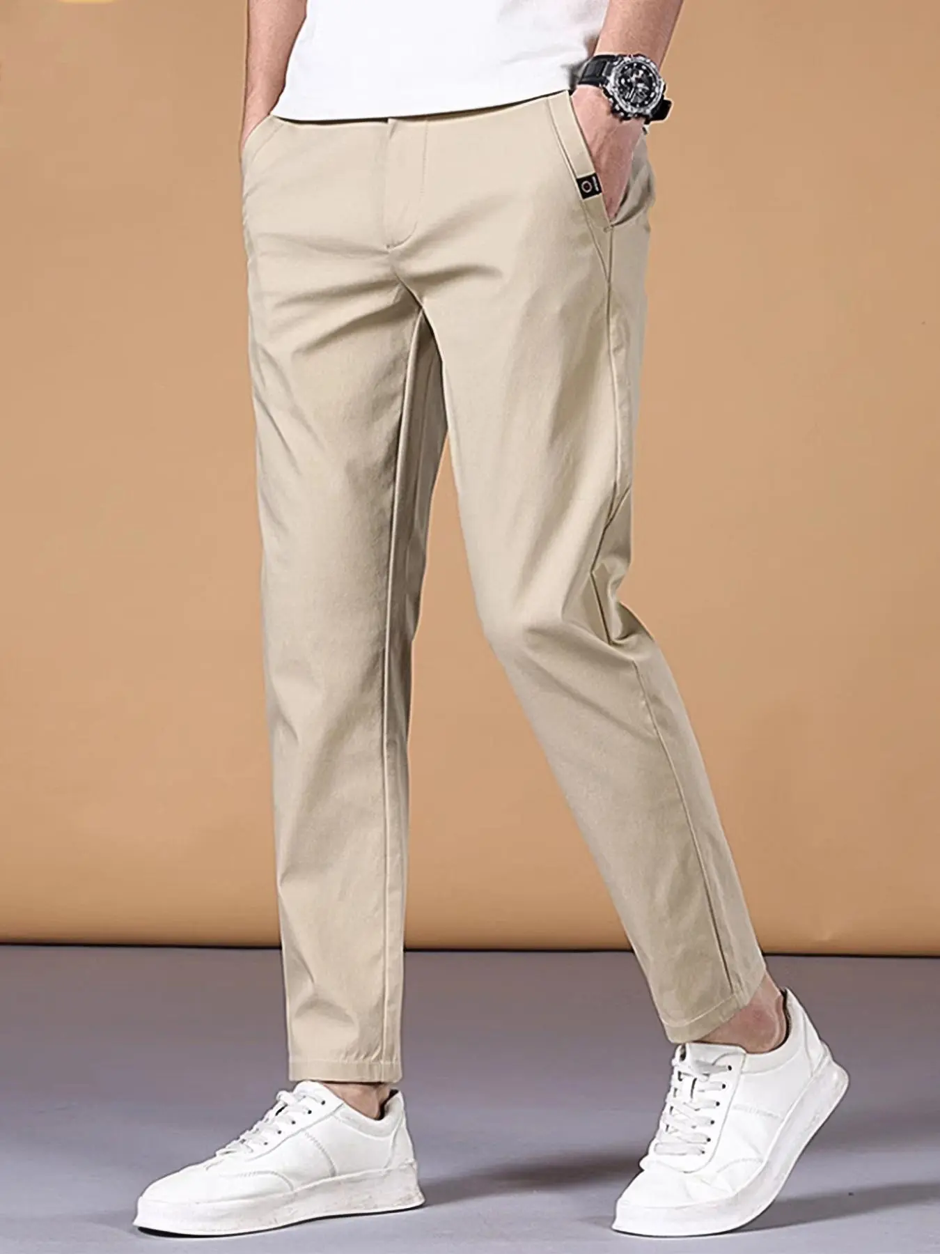 Men's Solid Color Chino Pants, Regular Fit Casual Comfy Business Trousers for Daily Wear, Men's Bottoms for Summer, Beige
