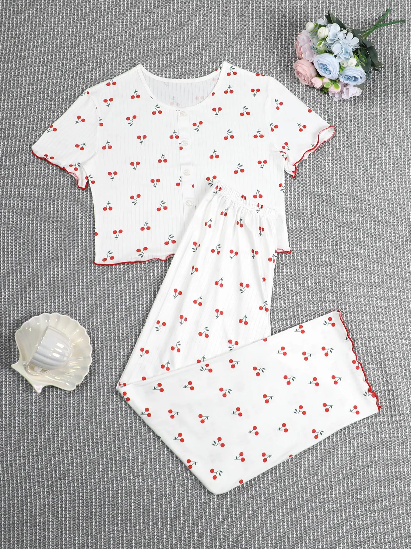 Women's Cherry Print Lettuce Trim Crop Top & Elastic Waist Pants Loungewear Two-piece Matching Set, Casual Comfy Short Sleeve Top & Trousers Pj Set, Ladies Sleepwear for Fall & Winter