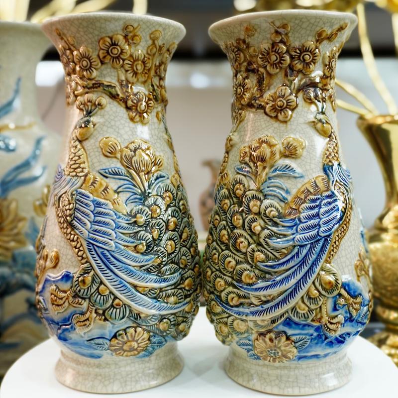 (1 Bình )Bình Hoa dáng Huệ Gốm Bát Tràng men rạn cao cấp đắp nổi Công Đào (30cm)