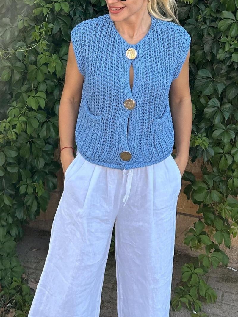 Product Introduction of Women's Plain Button Front Pocket Sweater Vest, Casual V Neck Sleeveless Knitwear for Fall & Winter, Fashion Ladies' Knit Clothing for Daily Wear, Sweaters for Women 12