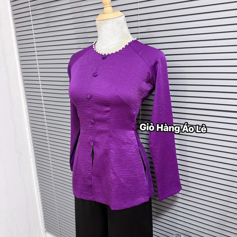  Áo Lẻ Bà Ba Nữ Vải Tuyết Nhung Cổ Đính Ngọc Tay Dài - 8 Màu - Kích Cỡ 40-72kg  OO5  - Women Kem Sơ Mi Top Tím 