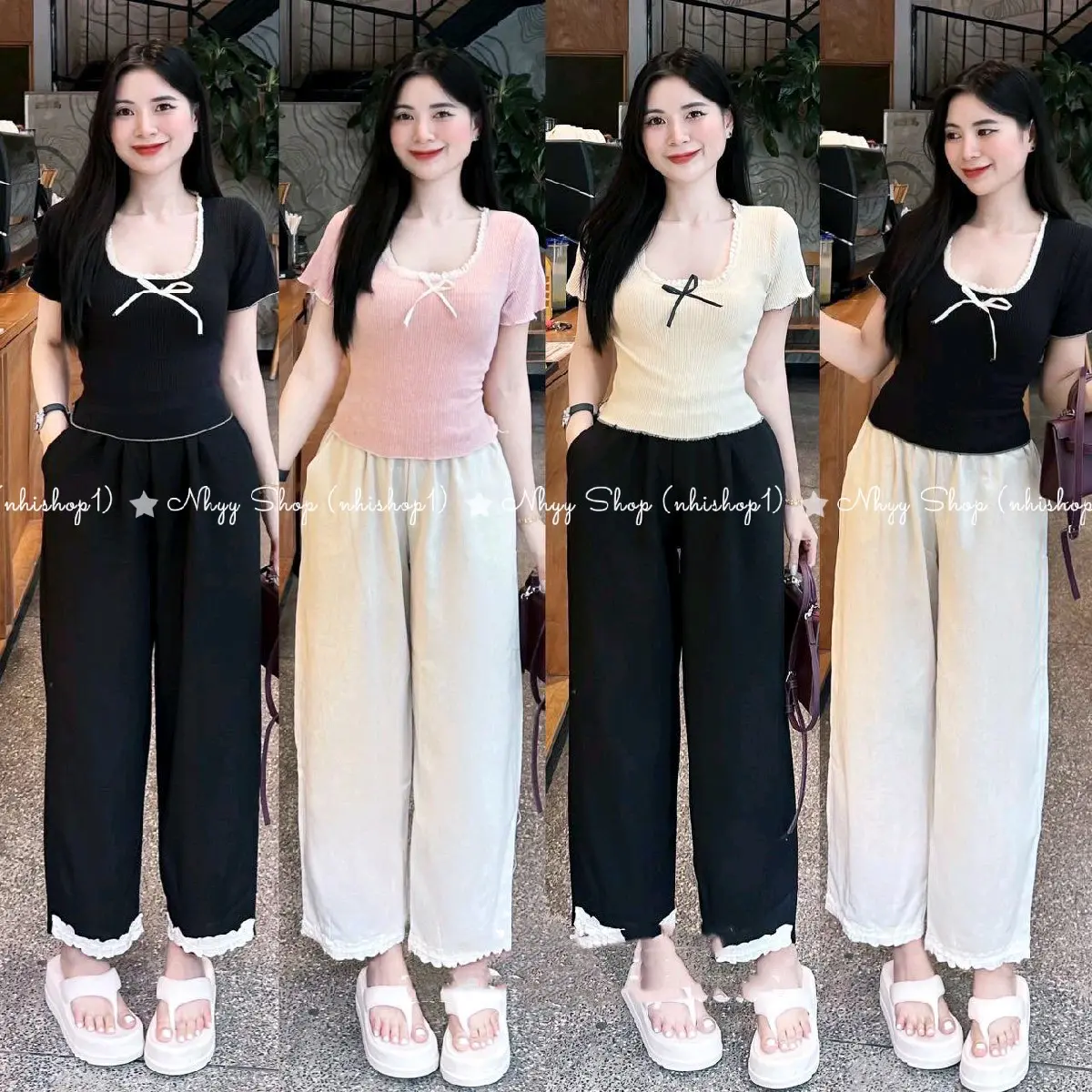 Bigsize 60-90kg Set bộ áo thun gân tăm form ngắn đính nơ phối ren+ quần đũi suông ống rộng phối ren cho nữ, Bộ đồ áo ôm thun tăm gân cổ tròn + quần dài ống rộng phối ren lưng thun- Nhyy Shop