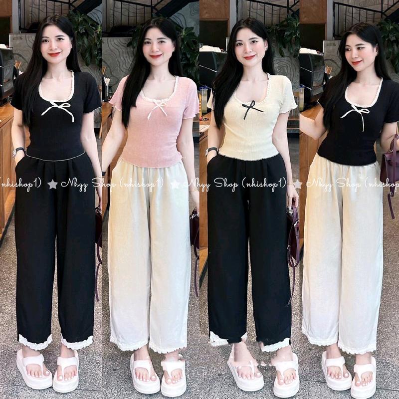 Bigsize 60-90kg Set bộ áo thun gân tăm form ngắn đính nơ phối ren+ quần đũi suông ống rộng phối ren cho nữ, Bộ đồ áo ôm thun tăm gân cổ tròn + quần dài ống rộng phối ren lưng thun- Nhyy Shop 0