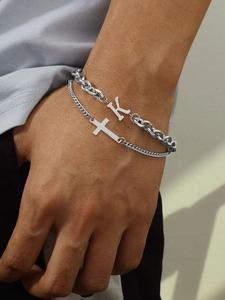 Pulsera para hombre con diseño de letras y cruz, pulsera de cadena de acero inoxidable casual y moderna, accesorios de moda para uso diario