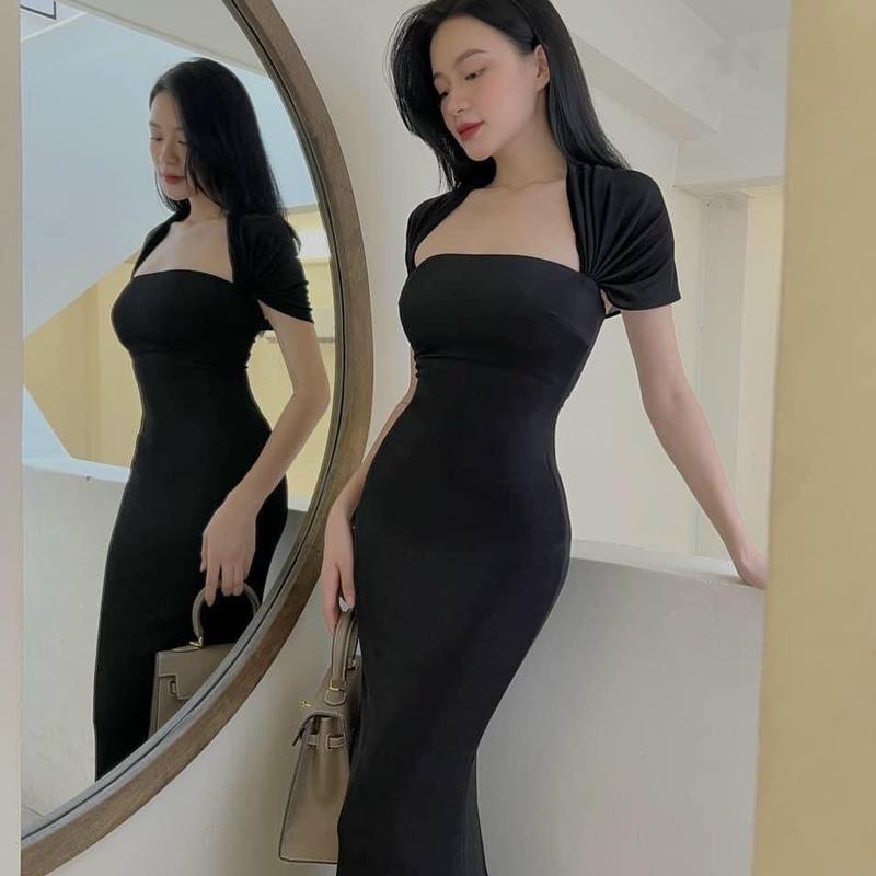 VÁY BODY DÁNG DÀI THIẾT KẾ CUT OUT HỞ LƯNG TINH TẾ SANG TRỌNG Nữ Màu Đen Women Thông thường Dress Voan Thun Nhung