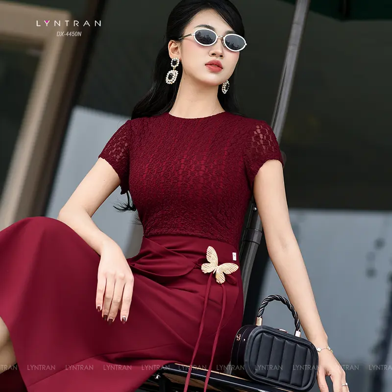 Đầm xoè ngắn tay hai tà váy hàng thiết kế LYNTRAN DX-4450N - Chất Len zen hoa phối chéo ý, dài 110cm, 2 lớp thân trên - Size S,M,L,XL - Nữ Women Dress  Trắng 5