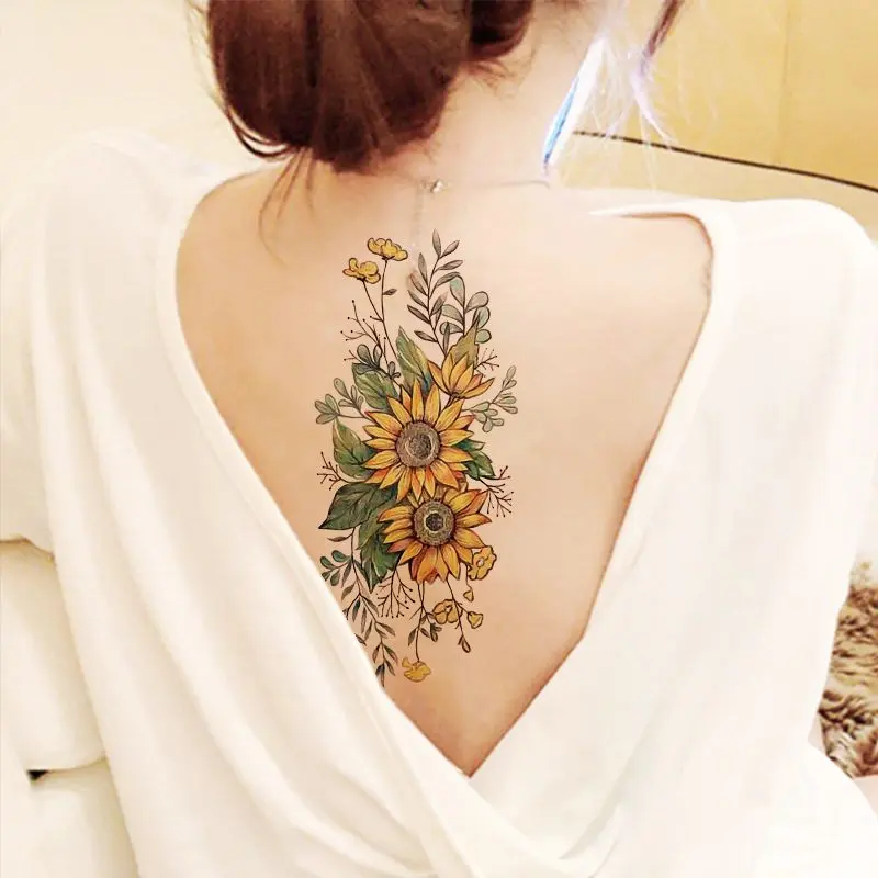 Miếng Dán Hình Xăm Hoa Hướng Dương, Không Thấm Nước Và Bền, Phong Cách Ins, Cho Cánh Tay, Lưng, Cánh Tay Và Bụng, Che Sẹo, Hình Xăm Mô Phỏng 1