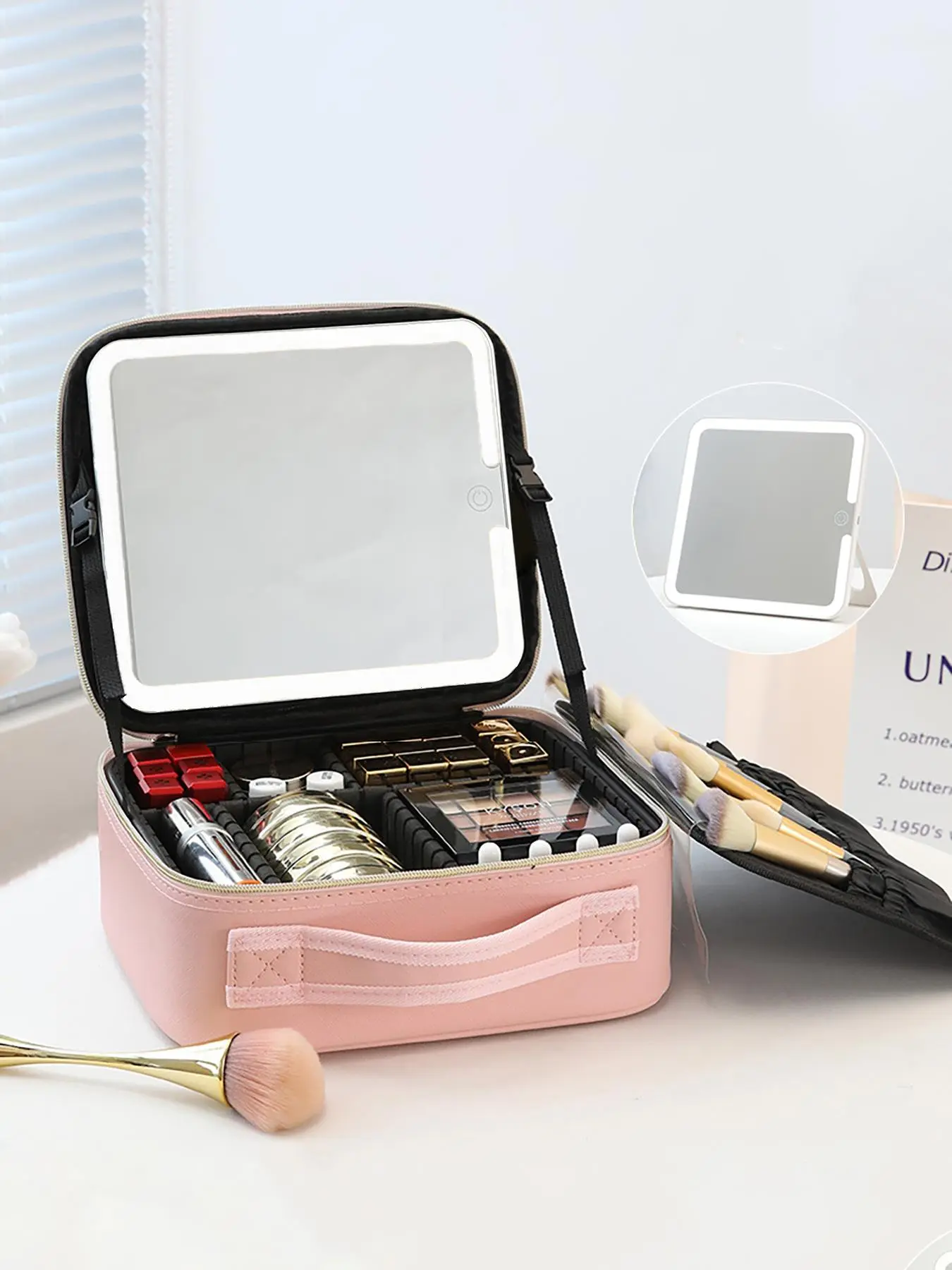 Portable Makeup Bag with LED Light, Large Capacity Cosmetic Eyeshadow Storage Box, Travel Portable Makeup Bag with LED Mirror, Makeup Tools, Stocking Fillers Valentine's Day, Gift for Her