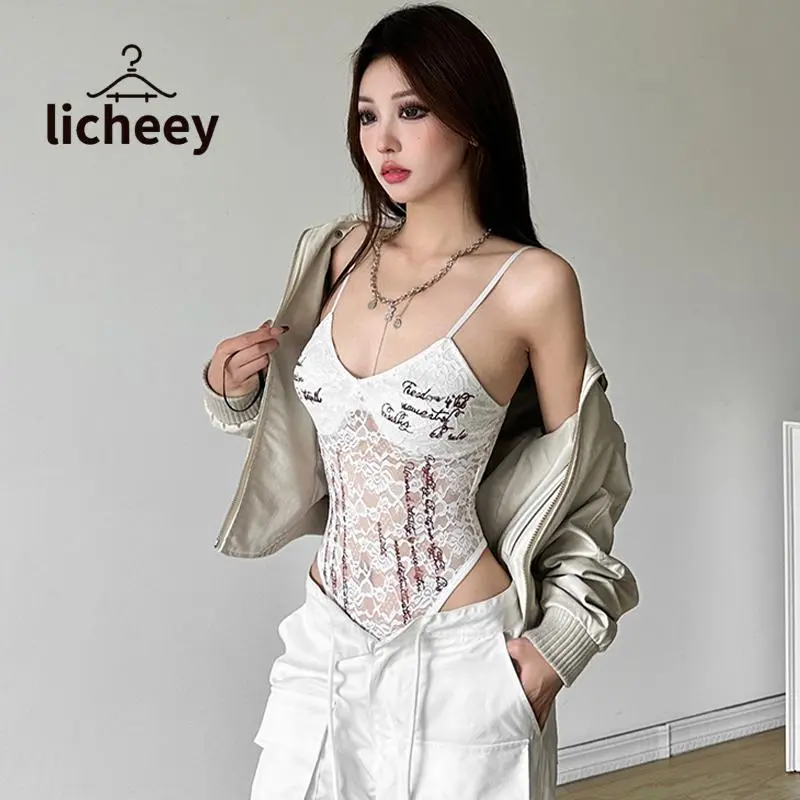 Bodysuit Dây Đeo Spaghetti Dành Cho Phụ Nữ, Họa Tiết Chữ Cái, Không Tay, Cổ Chữ V, Áo Liền Quần, Với Ren Và Lưới, Áo Lót 5