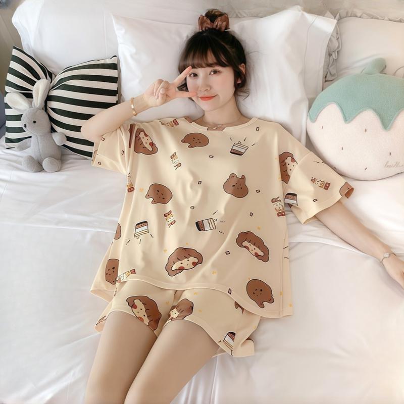 Bộ Đồ Ngủ Hoạt Hình, Dễ Thương, Dành Cho Nữ, Chất Liệu Cotton Mỏng, Áo Sơ Mi Ngắn Tay, Quần Đùi, Đồ Ngủ Thường Ngày Dáng Rộng, Quần, Màu Trơn Đơn Giản, Thích Hợp Cho Các Cặp Đôi, Bộ Quần Áo Mặc Nhà, 2 Chiếc 4