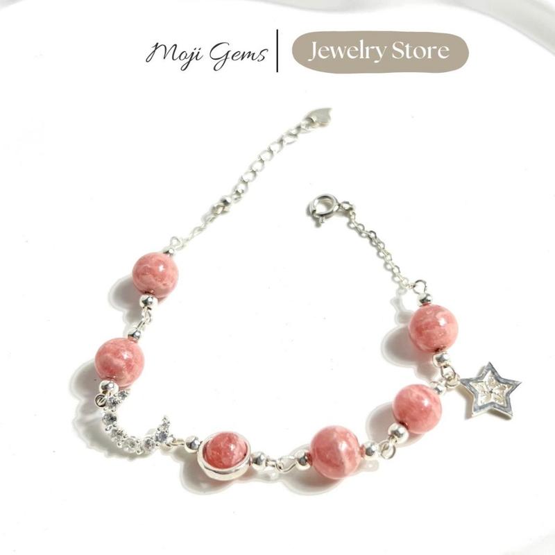 [ MOJI ] Vòng tay mềm đá đào hoa mix charm sao trăng bạc s925