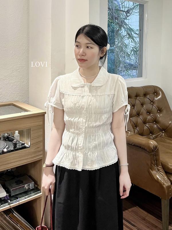 Áo kiểu sơmi nhún linen tay phồng cổ sen xinh xắn cho nữ EMMA SHIRT  - LOVI