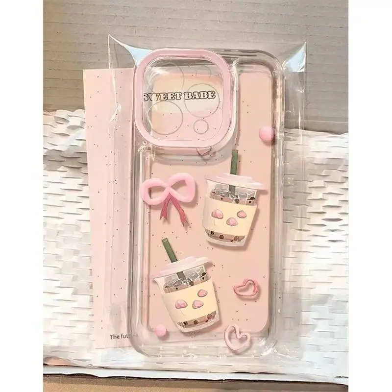 Ốp Điện Thoại, Thiết Kế Trà Bong Bóng Tình Yêu, Thích Hợp Cho iPhone 17 / 16 / 15 / 14, Chất Kết Dính Mềm, Tương Thích Với 13 / 12 / 11Promax, Phong Cách Hoạt Hình Dễ Thương, Trong Suốt, Chống Rơi, Thích Hợp Cho 17Promax Mới