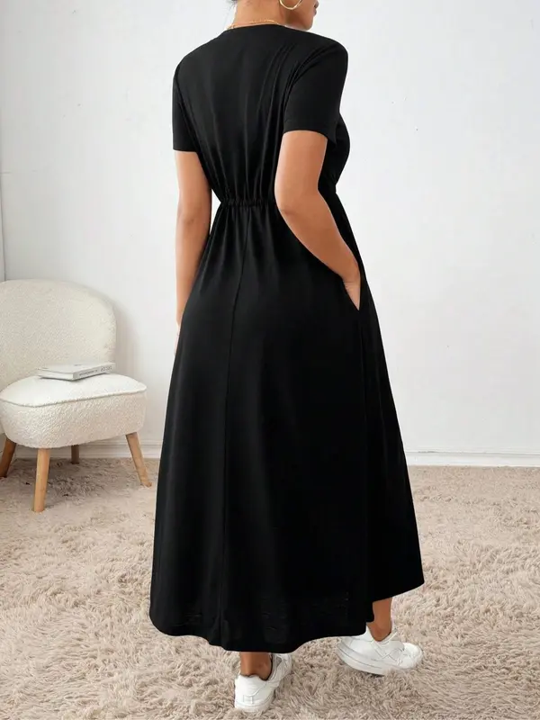 Women's Plain Pocket Dress, Elegant Fashion Casual Round Neck Short Sleeve Dress for Daily Outdoor Wear, Ladies Dress for All Seasons 5