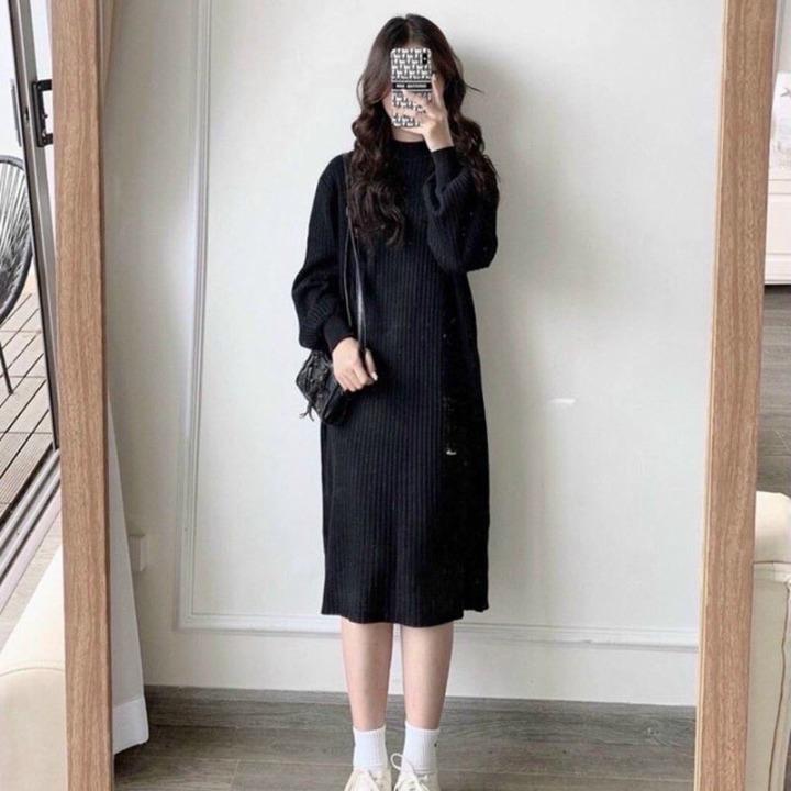 váy len suông dài tay bo tay,đầm suông nữ len gân dáng dài thu đông 3 màu ấp áp 2