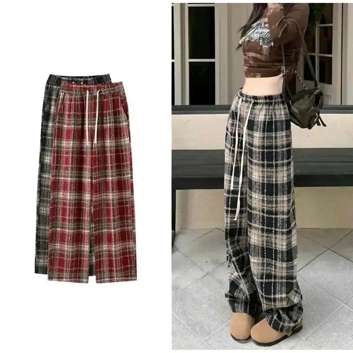 Quần kẻ dạ dáng suông dài nữ dễ phối đồ form 40_55kg top women cạp chun co giãn