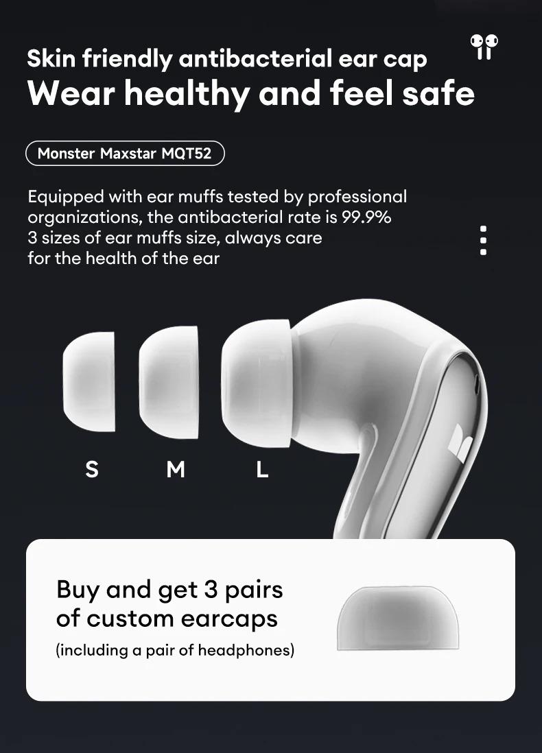 （Best Price）Monster MQT52 TWS Wireless Bluetooth 5.4 Earphones with Surround Sound, Dolby Audio, Low Latency, Noise Reduction, 24H Battery Life, Immersive Audio Headset, Microphone Amplifier