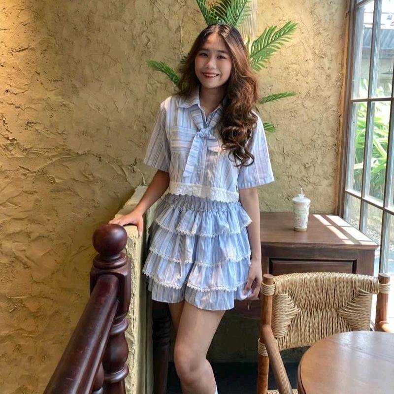 [S2] Set áo kẻ thô đũi cà vạt, chân váy xoè tầng xếp ly phối ren Nữ Women Top chảnh 4