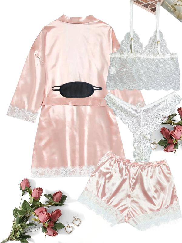 5 Counts Women's Contrast Lace Satin Pyjama Set, Casual Cami Top & Thong & Belted Wrap Lounge Robe & Bow Elastic Waist Shorts & Eye Mask Set, Pajama Sets Women, Lounge Sets, Women's Loungewear Set, Bedroom Pajamas for Married Women, Nightwear 8