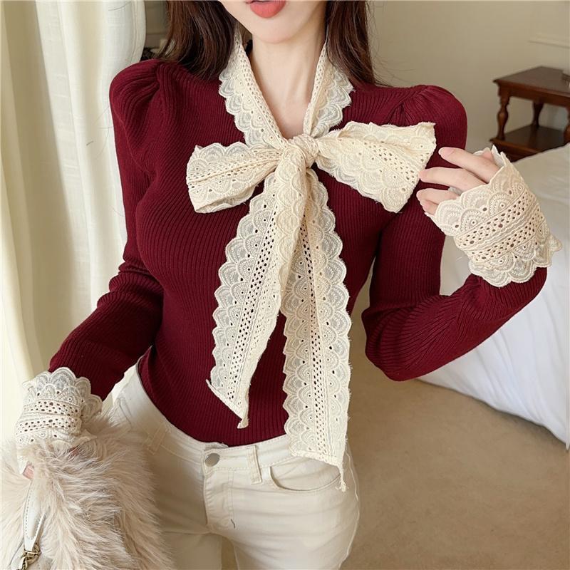 Product Introduction of Áo Len Dệt Kim, Phong Cách Cổ Điển Giáng Sinh, Thiết Kế Thắt Nơ Dành Cho Nữ, Thích Hợp Cho Mùa Thu Và Mùa Đông, Có Lớp Nền Ren, Có Thể Mặc Bên Trong, Áo Tay Phồng Áo Màu Đỏ Giáng Sinh 5