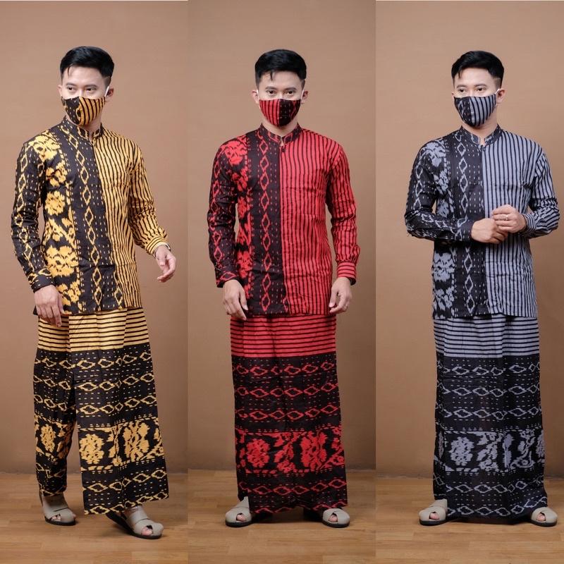 Muslim - Baju Koko Setelan Celana Sarung Pria Dewasa Katun Motif Keren Tangan Panjang