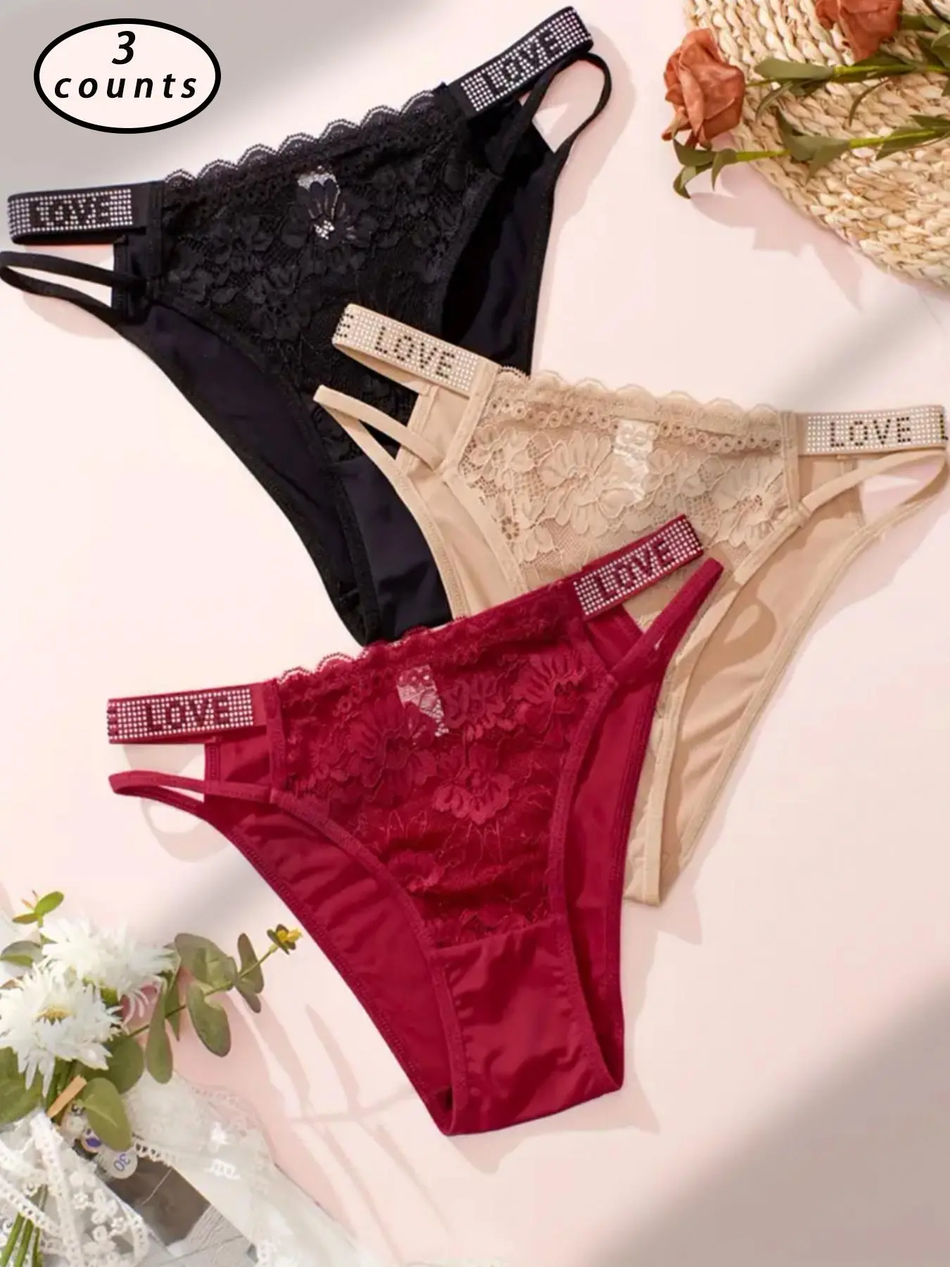 Women's 3pcs Rhinestone Decor Letter Tape Contrast Lace Panty, Soft Comfy Breathable Cut Out Knicker for Daily Wear, Underwear for All Seasons
