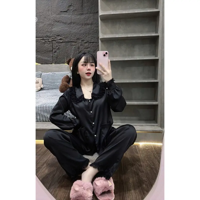 Đồ Ngủ Nữ, Đồ Bộ Tiểu Thư TAMY Pijama Tay Dài Cổ Sen Ren Tầng Chất Lụa Latin Mát Mịn - Freesize < 58Kg 2
