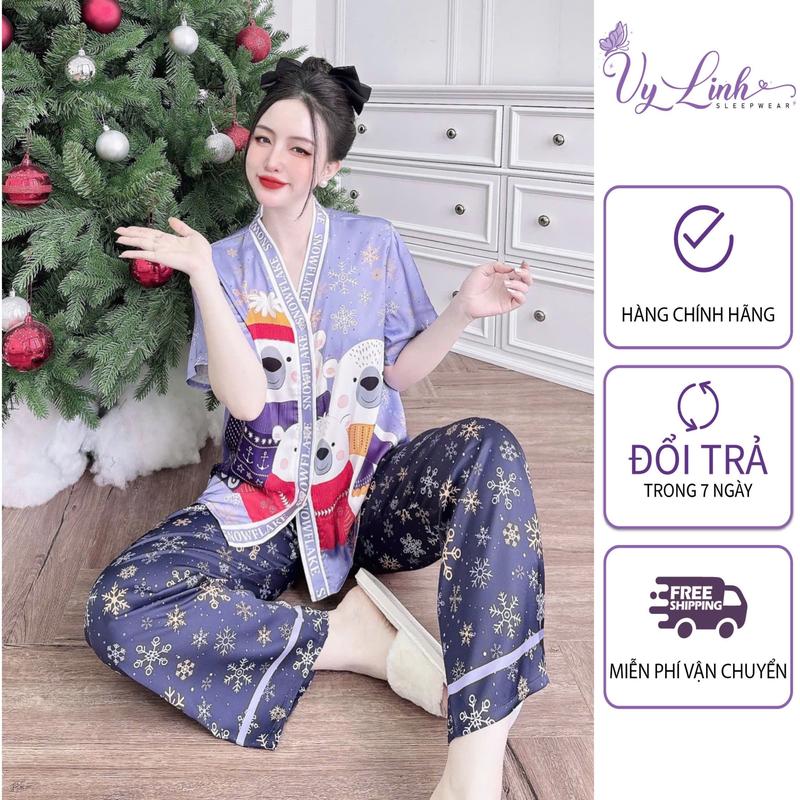 Bộ Đồ Ngủ Quần Dài Cổ Y Dành Cho Nữ Hoạ Tiết Noel Chất Liệu VảI Lụa Latin Nhẹ Mát S1080-Noel  Women Nhung