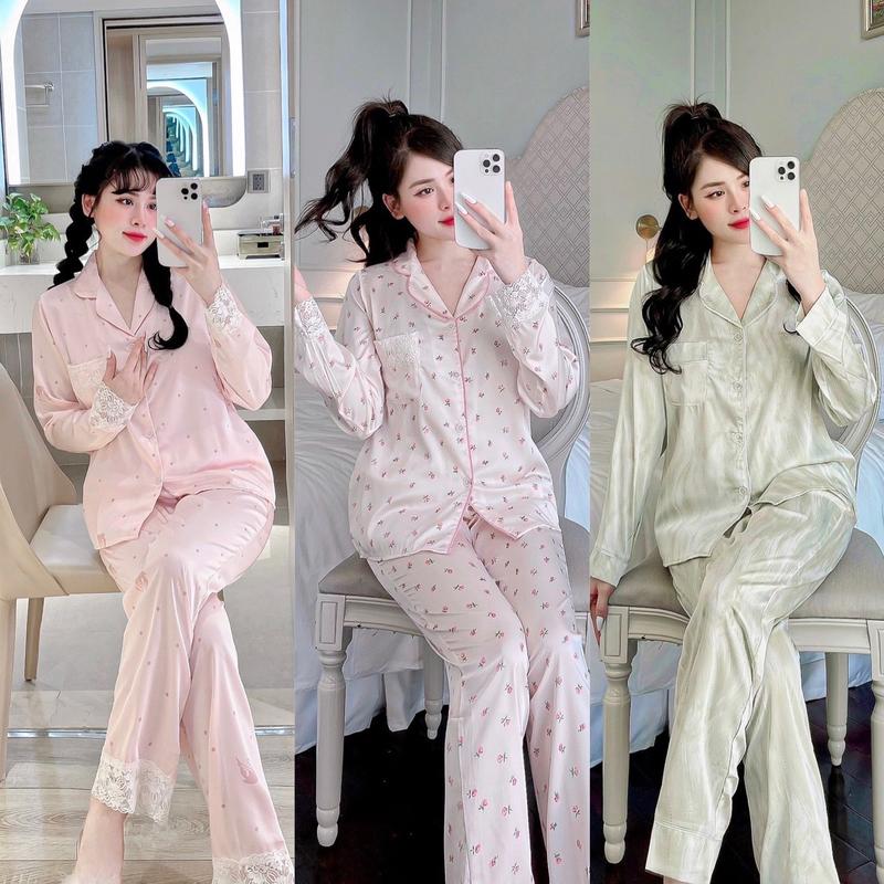 Bộ Latin Tay dài phối ren ,hạc hồng, tim hồng, vằn đen tay dài quần dài Bộ Ngủ Nữ Pizama Top Áo Women