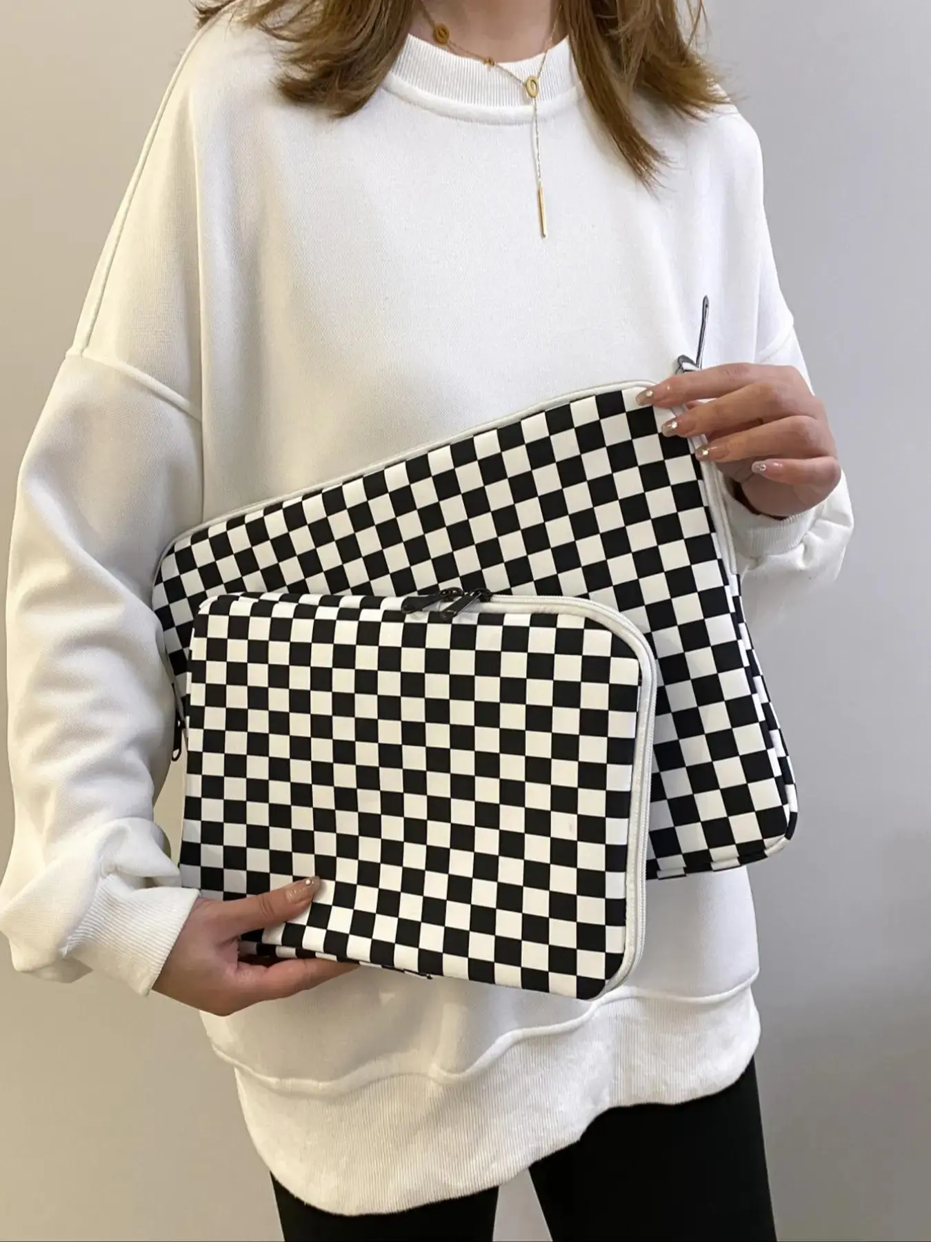 Fashionable Plaid Pattern Zipper Laptop Bag, Casual Versatile Laptop Inner Bag for Women & Men, Durable Laptop Bag for Travel & Commute