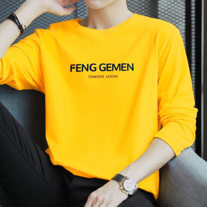 Áo Thun Cotton Dài Tay Áo Lớp Nền Cotton Dáng Rộng Màu Vàng Cho Thanh Thiếu Niên Mùa Thu Cho Nam Quần Áo Mùa Xuân Và Mùa Thu Cổ Tròn 0