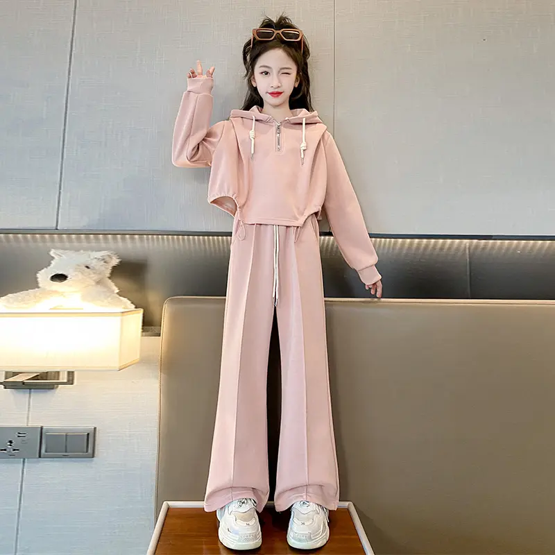 Bộ Áo Hoodie + Quần Dài Ống Rộng Dây Rút Thời Trang Mùa Thu Cho Bé Gái 3-14 Tuổi