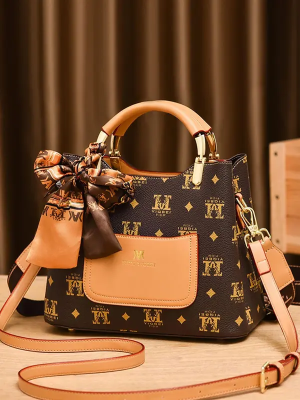 Summer Outfits 2024 Vintage Presbyopia Geometric Print Handbag for Women, New Trendy Bowknot Twilly Satin Scarf Decorated Pu Leather Pocket Designer Commuter Crossbody Bag, Everyday Bag 5