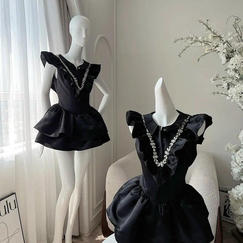 Đầm cườm cổ bèo V tùng 2 tầng Women váy  chỉ giặt tay đính đá nơ tiệc 4
