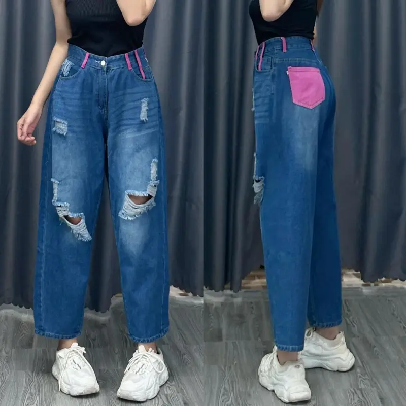 Quần baggy Bigsize Nữ cách điệu rách xanh viền đai túi hồng tôn dáng thời trang năng động cá tính size 60-95kg - Q504 0