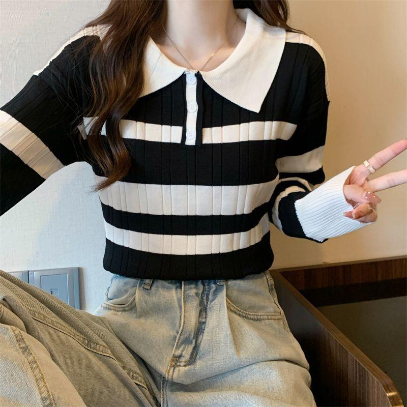 Product Introduction of Striped Polo Collar Knitwear for Women 2024 Spring and Autumn New Contrast Color Design Chic Slim Short Long Sleeve Top Womenswear Lingerie Comfort Knitting Collared 8