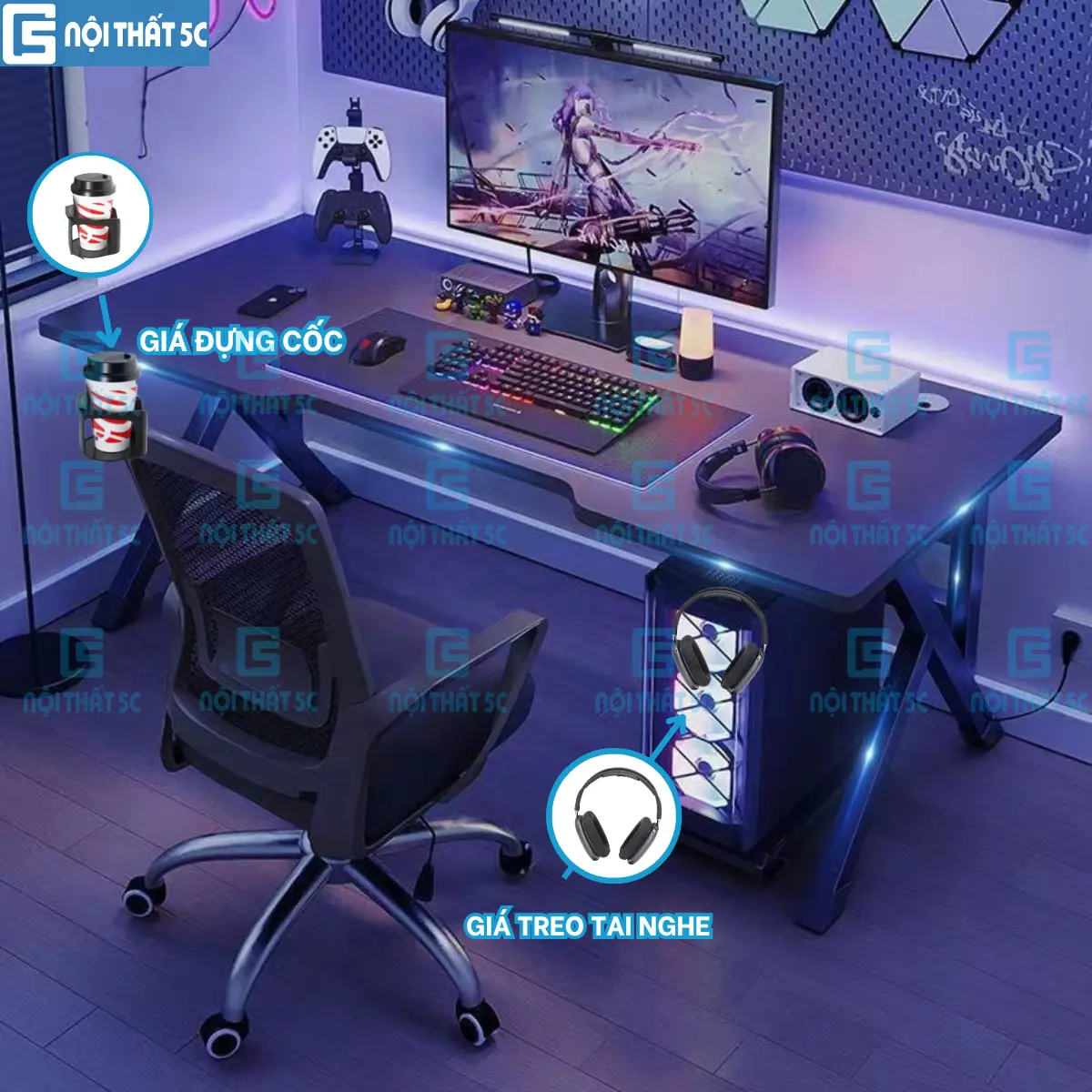 Bàn Gaming, Bàn Làm Việc 1m4 & 1m2 Nội Thất 5C-Model 3 bản nâng cấp, chân sắt hộp 40x40mm kèm phụ kiện giá để cốc + giá treo tai nghe xoay 360 độ tiện lợi màu trắng/đen không kèm kệ diện tích lớn để PC,mặt bàn gỗ mdf dày 15mm [NỘI THẤT 5C]