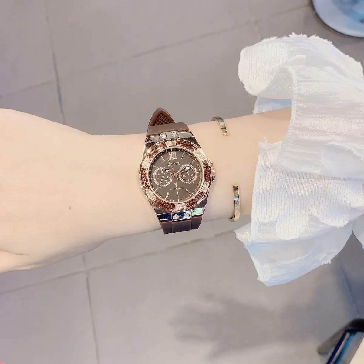 Đồng Hồ Nữ BL Nâu Đặc Biệt Mặt Phối Đá Vàng Hồng Women Đeo Tay Watch Caro Ví