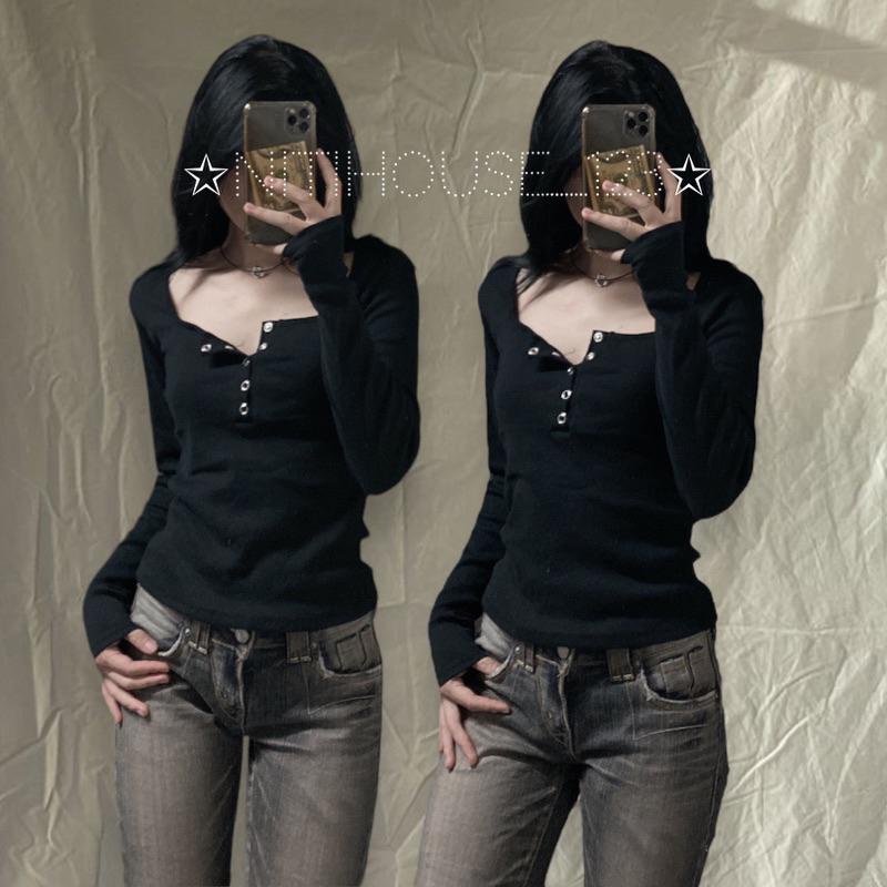  Áo Tay Dài Cúc Bấm y2k punk rock thun gân Nhidang.123 