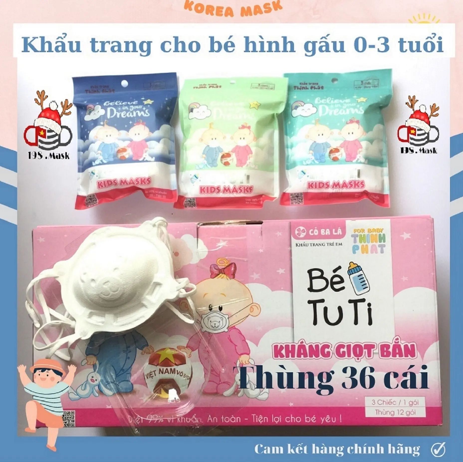 Thùng Khẩu Trang Cho Bé Hình Gấu 3D TUTI Cho Trẻ 6 tháng-3 tuổi ( 36 chiếc) Thịnh Phát