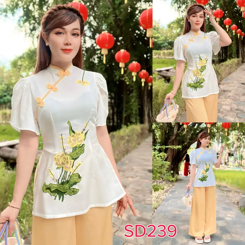 Bộ Bà Ba Đi Lễ Chùa (SD239) Bộ Đồ Lam Đi Chùa Hoa Sen Thêu Tay Phối Tréo Dễ Thương 5