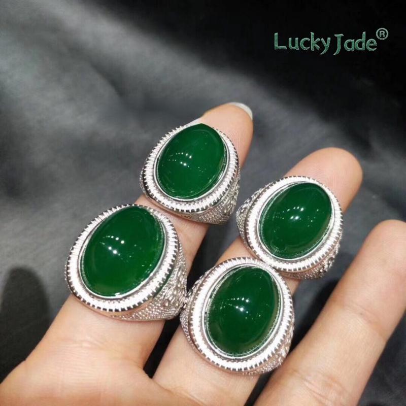 Product Introduction of [Lucky Jade] S925 Silver-Plated Inlaid Green Chalcedony Men's Rings High-End Gift 94