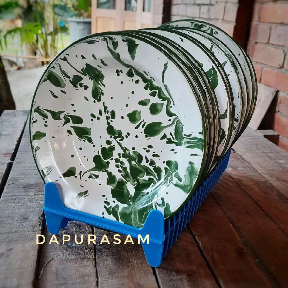 (Lusinan) Piring Makan Enamel 20cm, 22cm Vintage 12pcs Bunga Lurik Hijau Biru Merah Besi