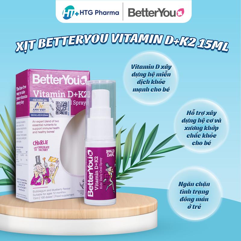 Xịt Better You Vitamin D+K2 Kids' Daily Oral Spray Anh 15ml bổ sung Vitamin D3, K2 cho trẻ